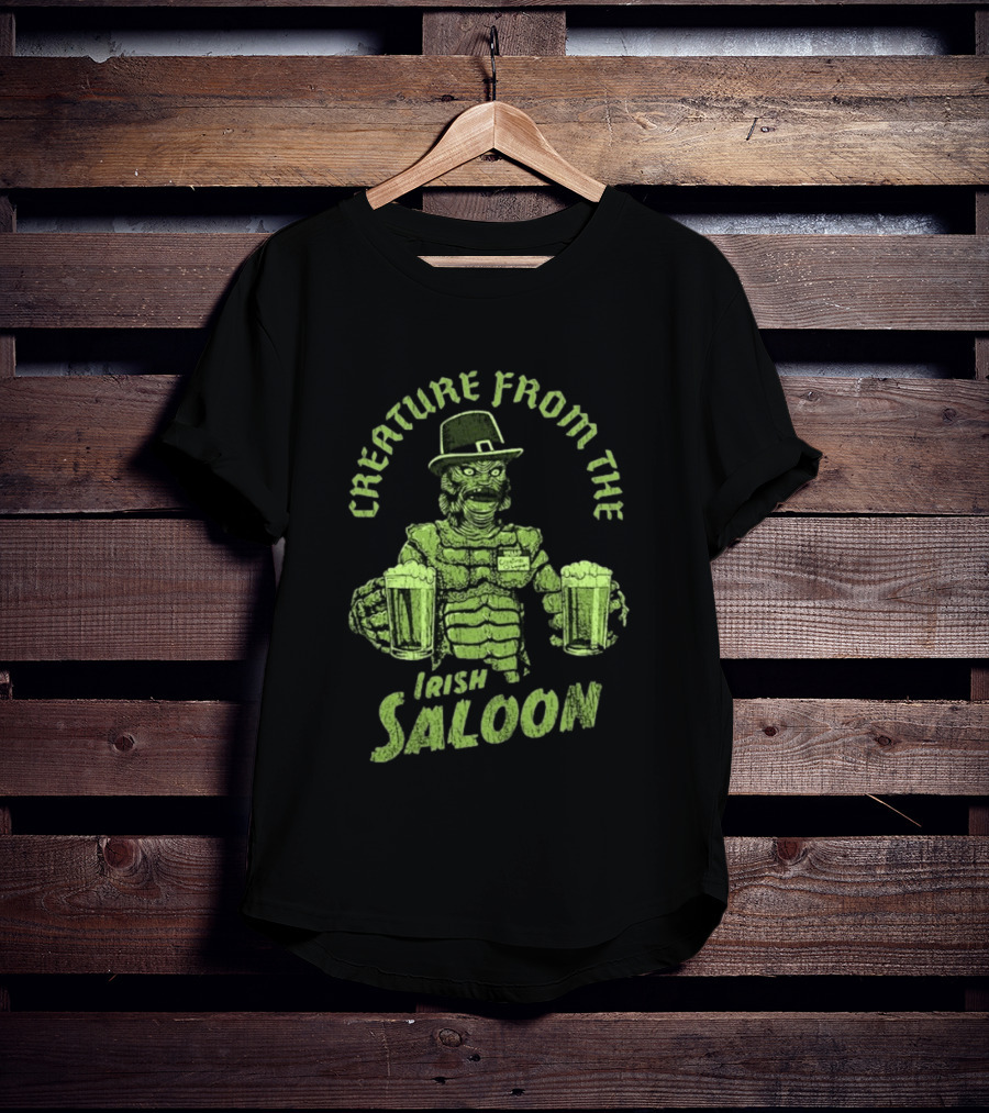 St Patrick's Day Creature From The Irish Saloon Beers Monster In Hat And Name Tag Holding Two Pints T-Shirt