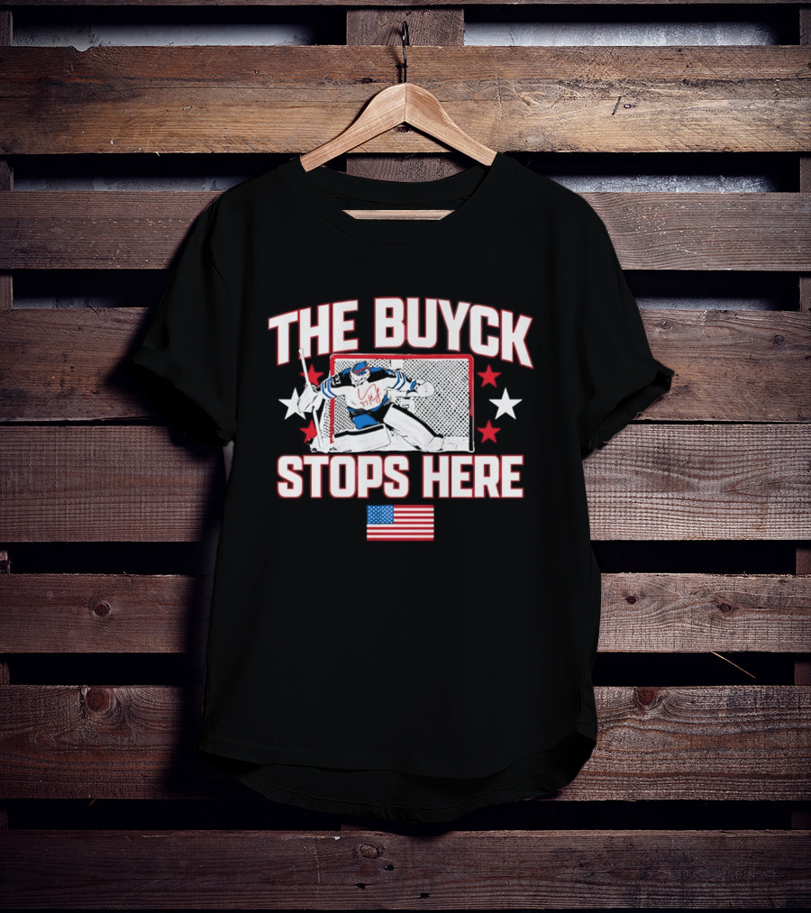 The Buyck Stops Here Winnipeg Jets Hockey Goalie USA Flag Stars T-Shirt