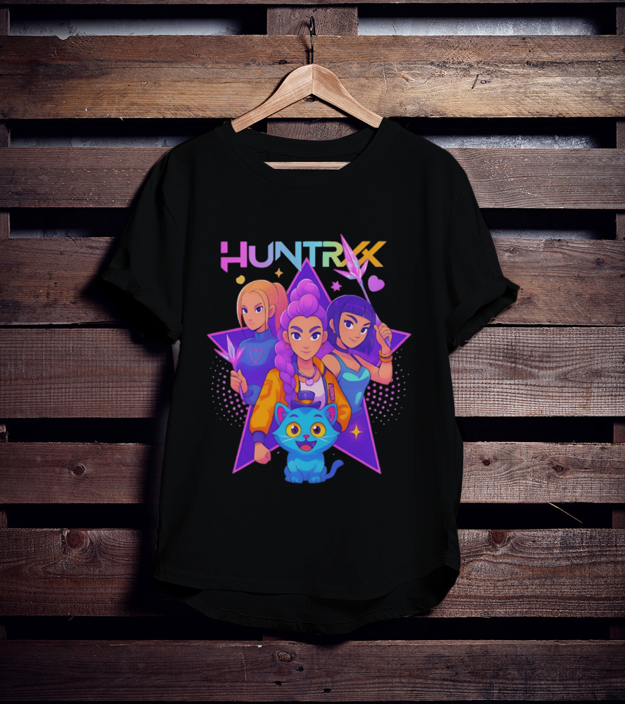 Huntrx Anime All Characters Vibrant Magical Trio And Blue Cat With Crystal Stars T-Shirt