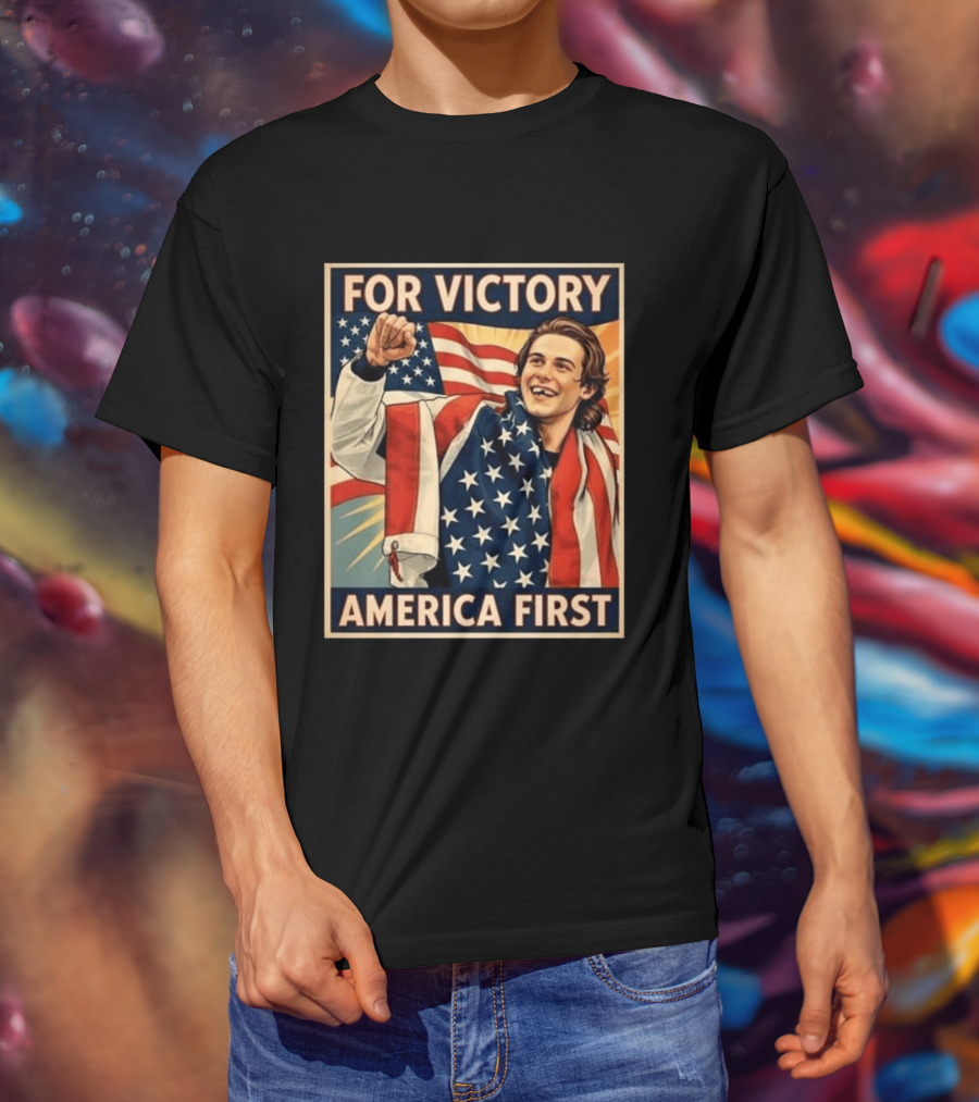 For Victory America First Patriotic Jack Hughes Victory Pose T-Shirt