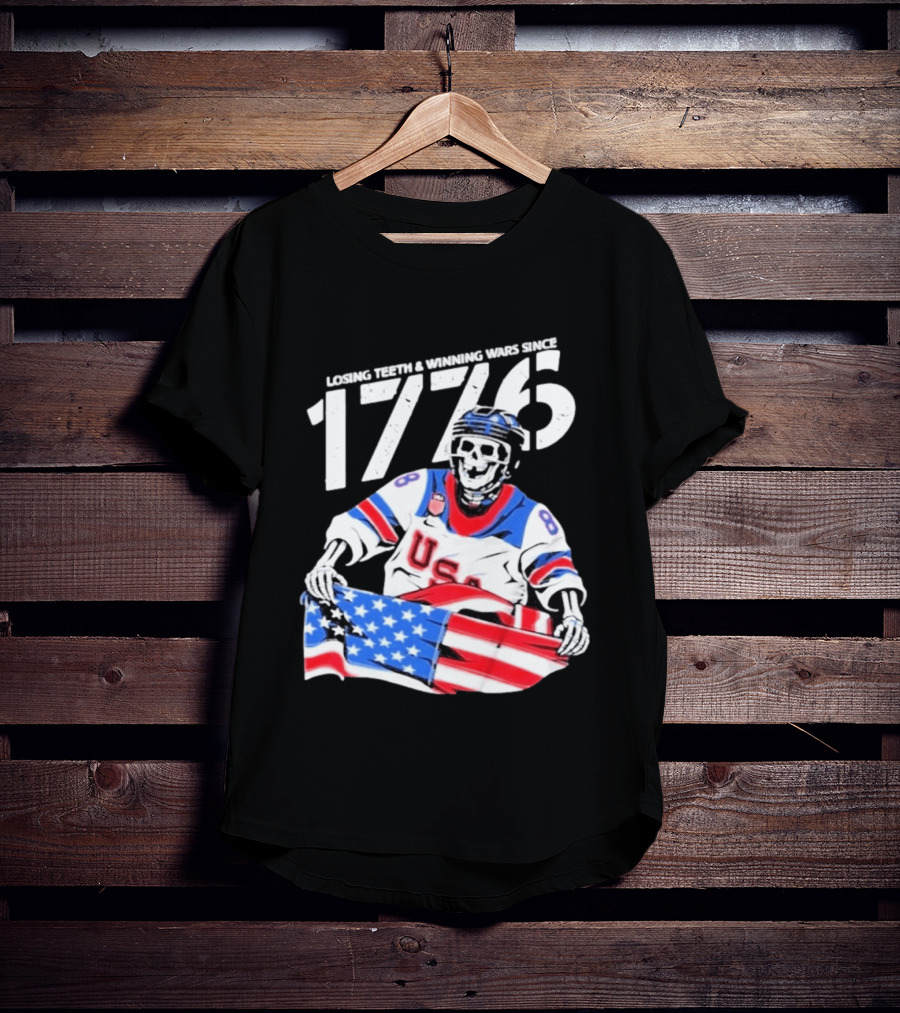 Losing Teeth Winning Wars Since 1776 USA Hockey Skeleton American Flag T-Shirt
