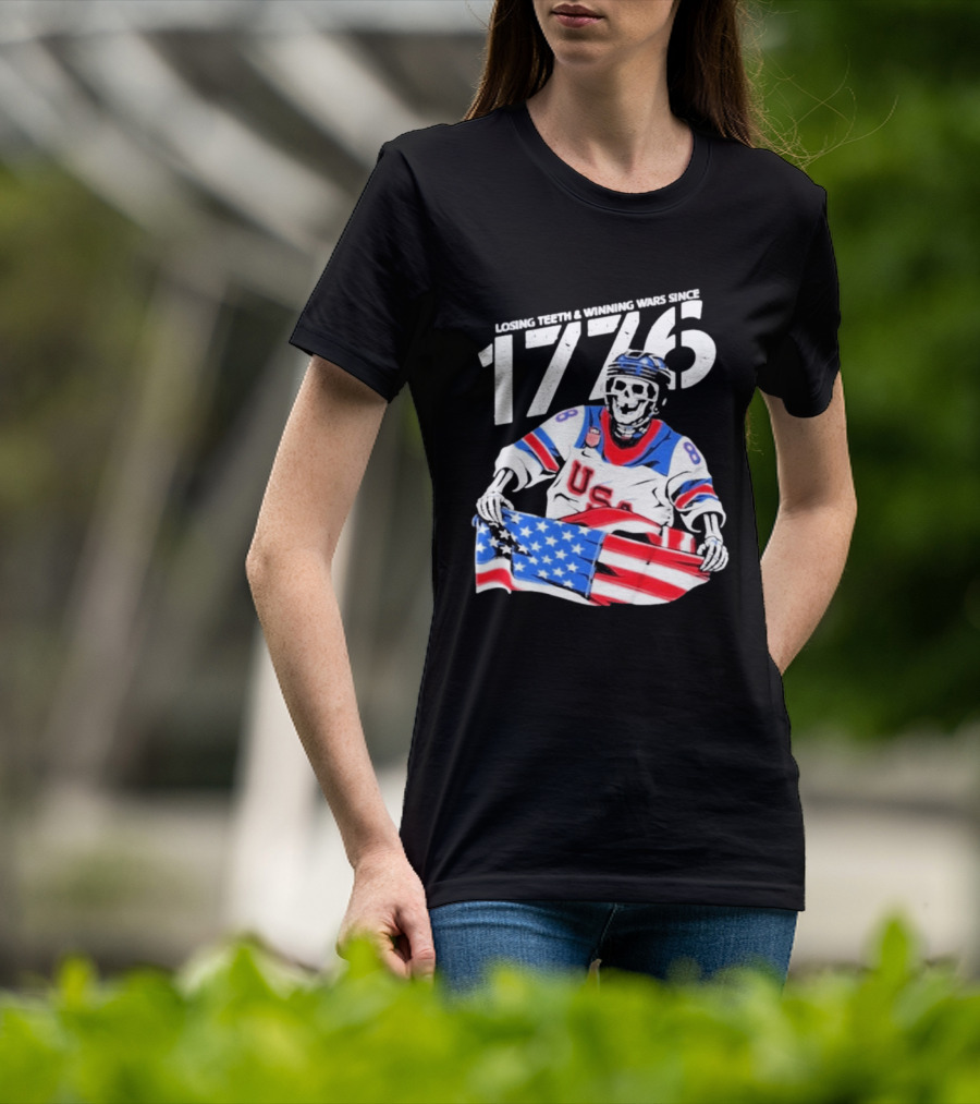 Losing Teeth Winning Wars Since 1776 USA Hockey Skeleton American Flag T-Shirt