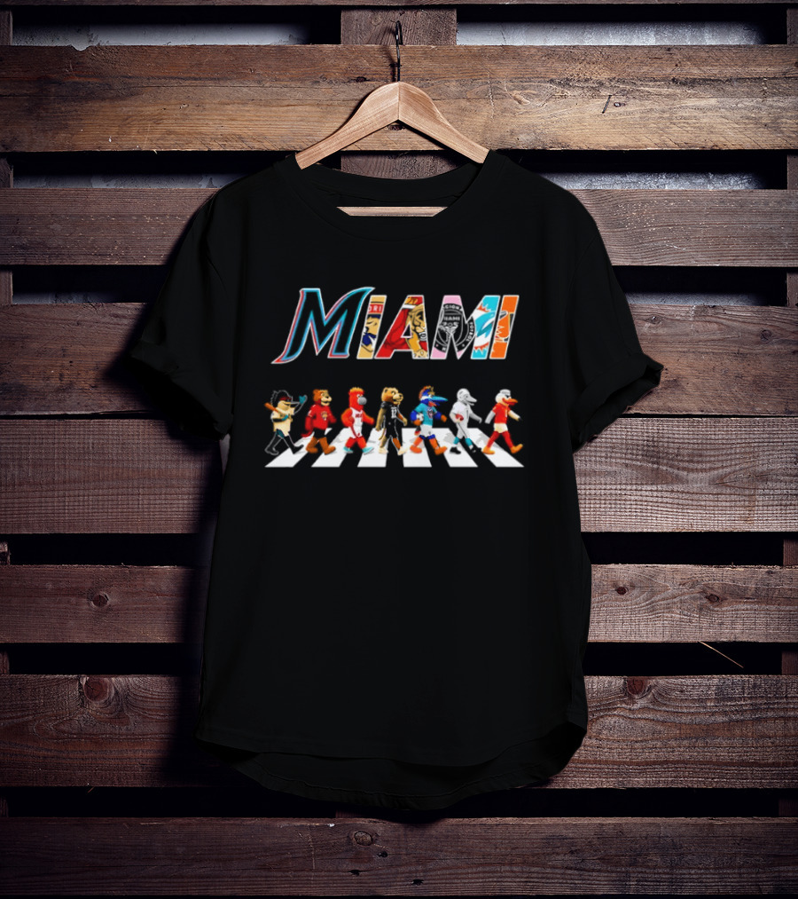 Miami Dolphins Heat Panthers Inter Miami CF Characters Walk Across Road T-Shirt