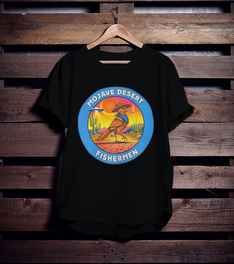 Mojave Desert Fishermen UFO Roadrunner Cowboy Sunset Cactus Circle T-Shirt