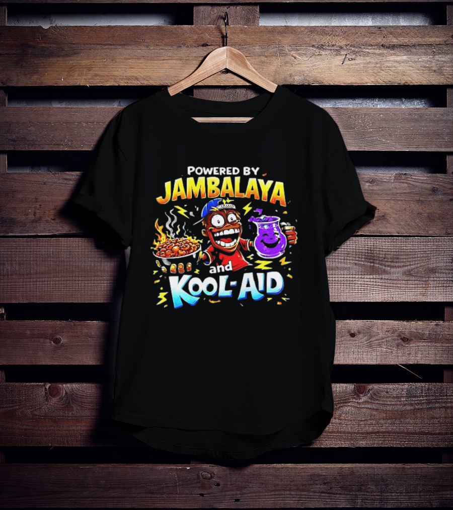 Powered By Jambalaya And Kool Aid Bold Colors Cartoon Character Fun T-Shirt