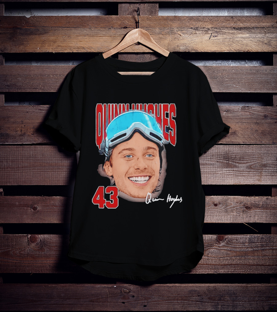 Quinn Hughes Big Head Goggles 43 Signature T-Shirt