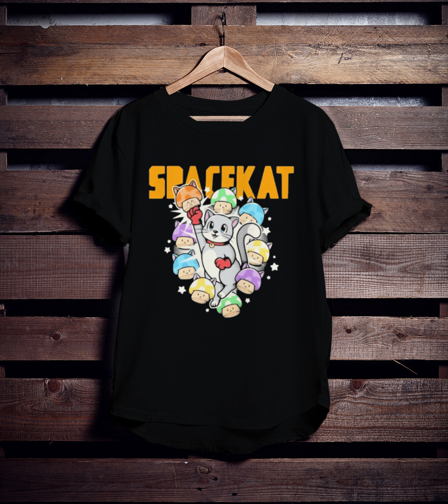 Spacekat Cat Surrounded By Colorful Mushroom Characters T-Shirt