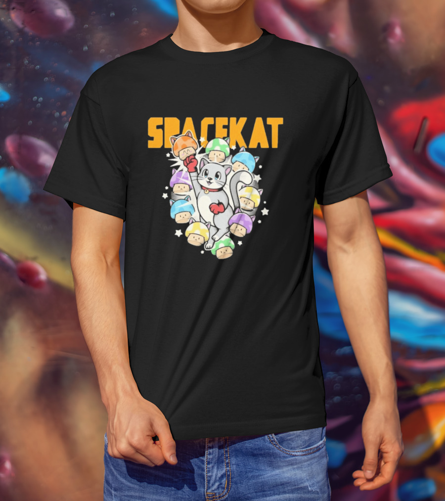 Spacekat Cat Surrounded By Colorful Mushroom Characters T-Shirt