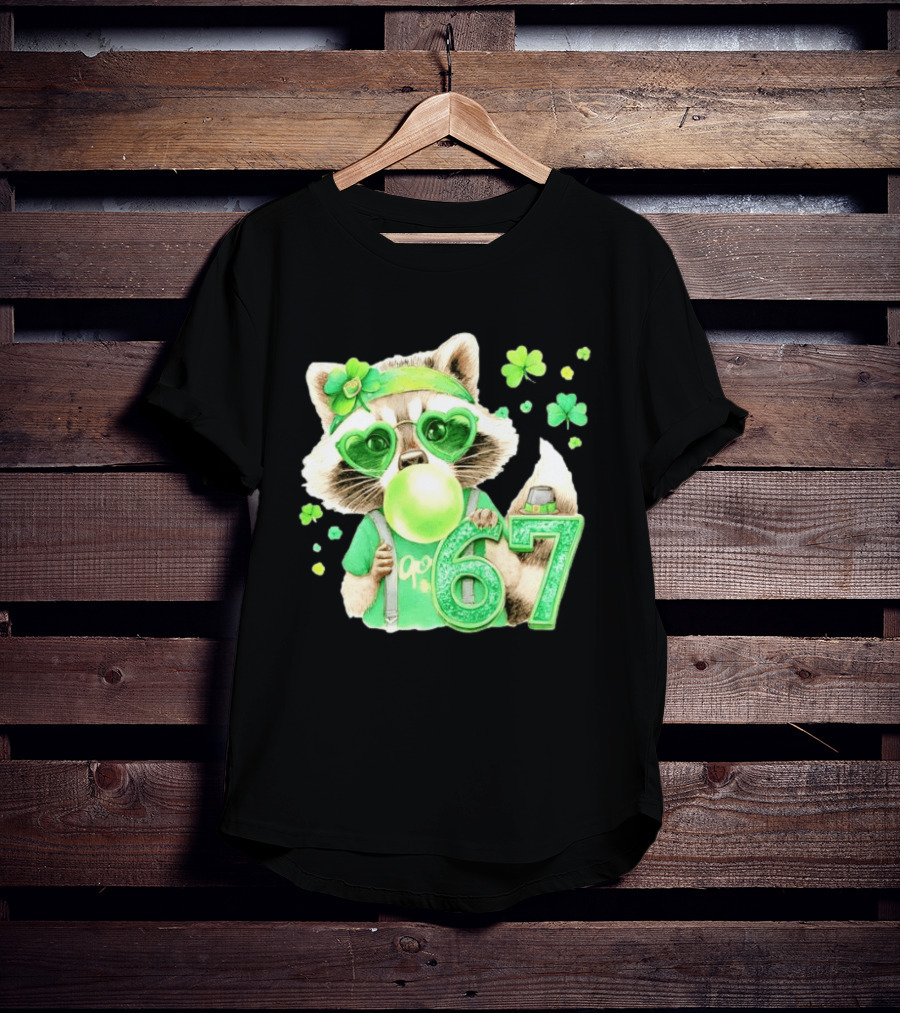 St Patrick's Day Raccoon With Shamrock Heart Glasses And 67 Bubblegum T-Shirt