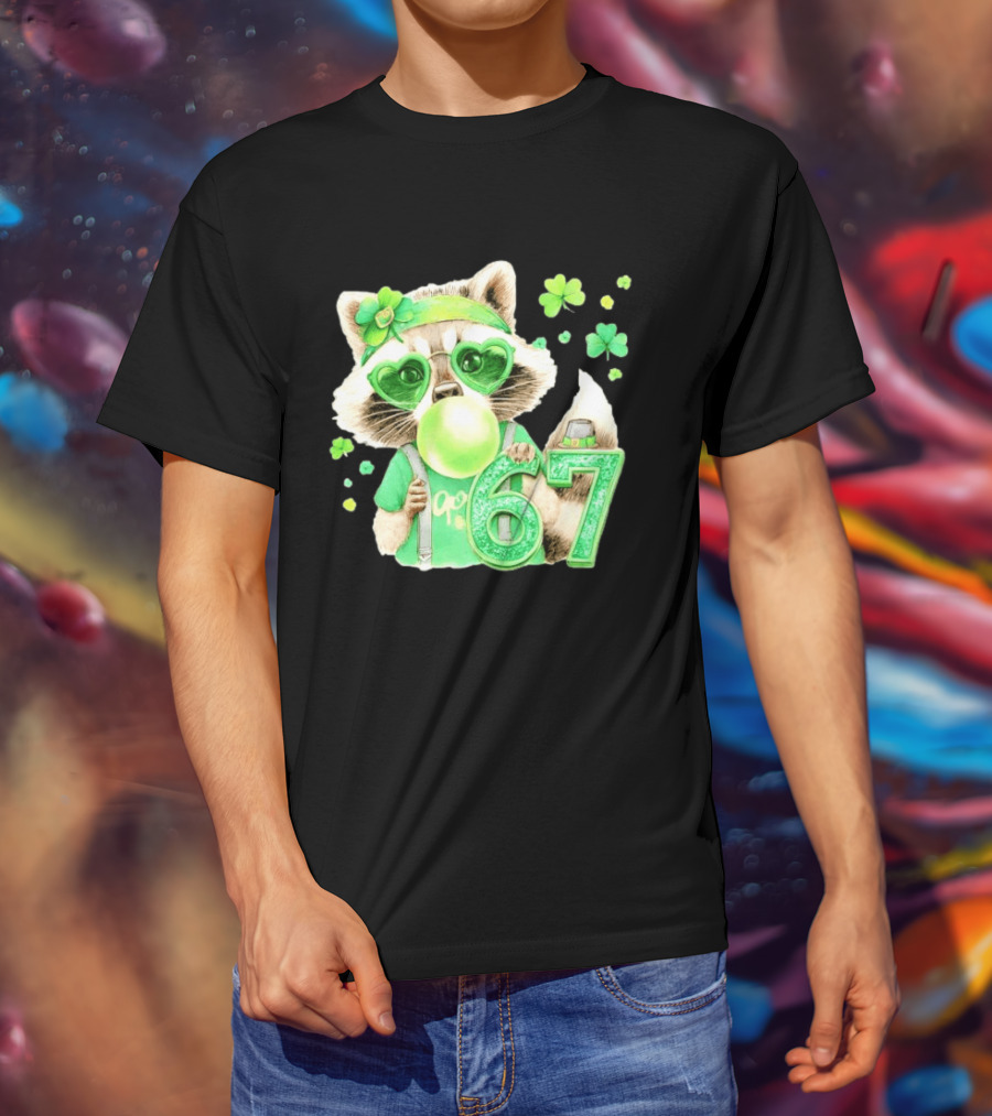 St Patrick's Day Raccoon With Shamrock Heart Glasses And 67 Bubblegum T-Shirt