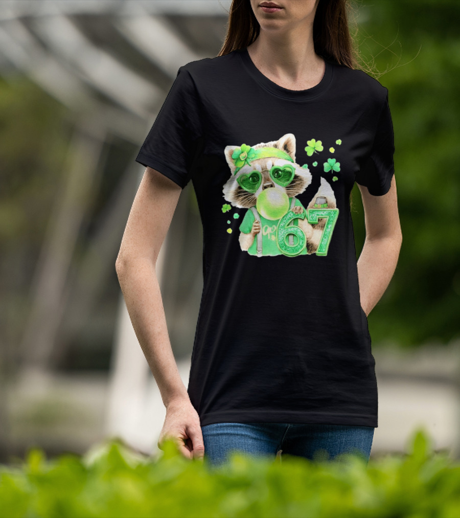 St Patrick's Day Raccoon With Shamrock Heart Glasses And 67 Bubblegum T-Shirt