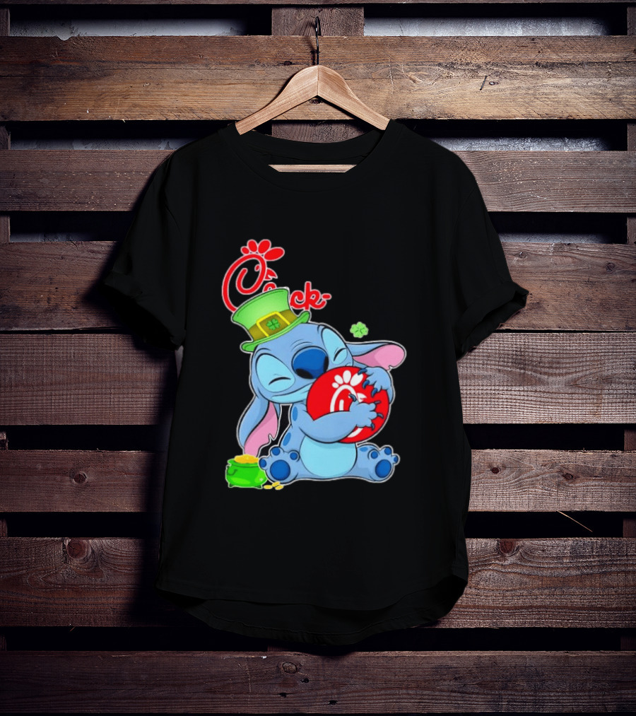 Stitch Holding Chick Fil A Logo With St. Patrick's Day Hat And Clover T-Shirt