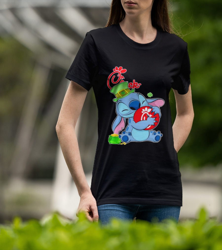 Stitch Holding Chick Fil A Logo With St. Patrick's Day Hat And Clover T-Shirt