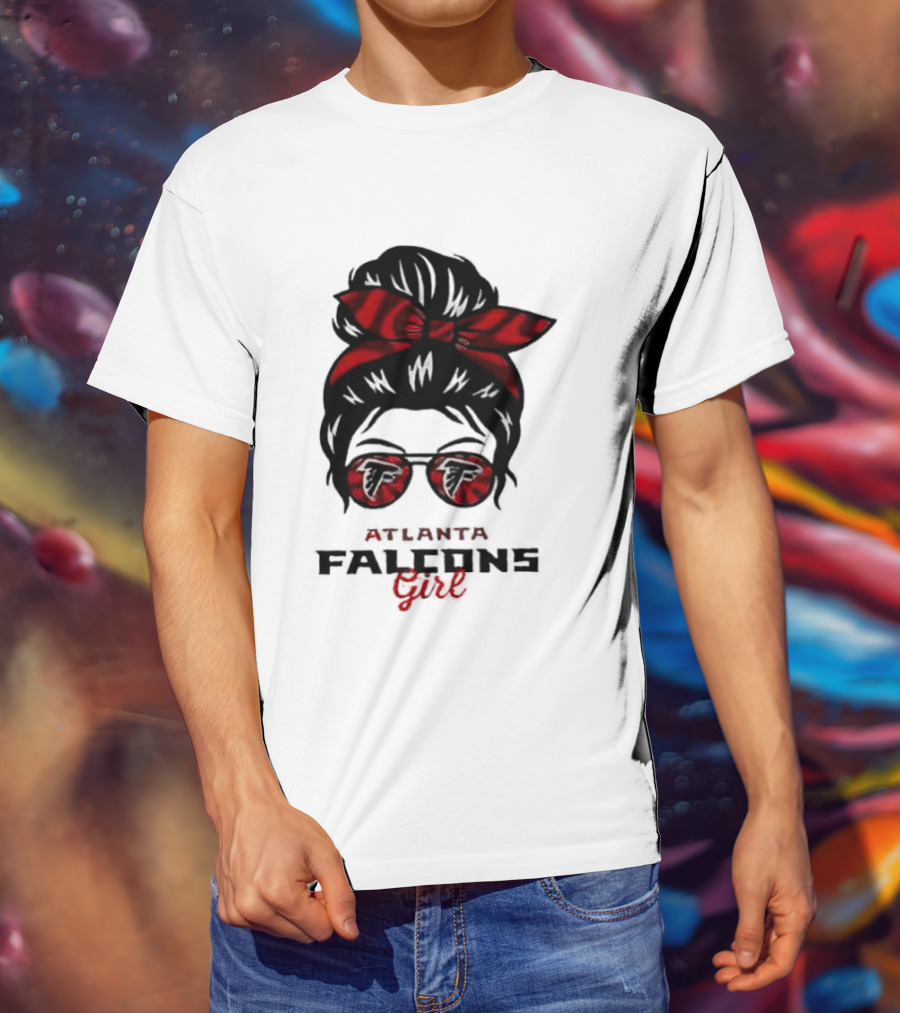 Atlanta Falcons Girl Messy Bun 2026 Bow Sunglasses T-Shirt