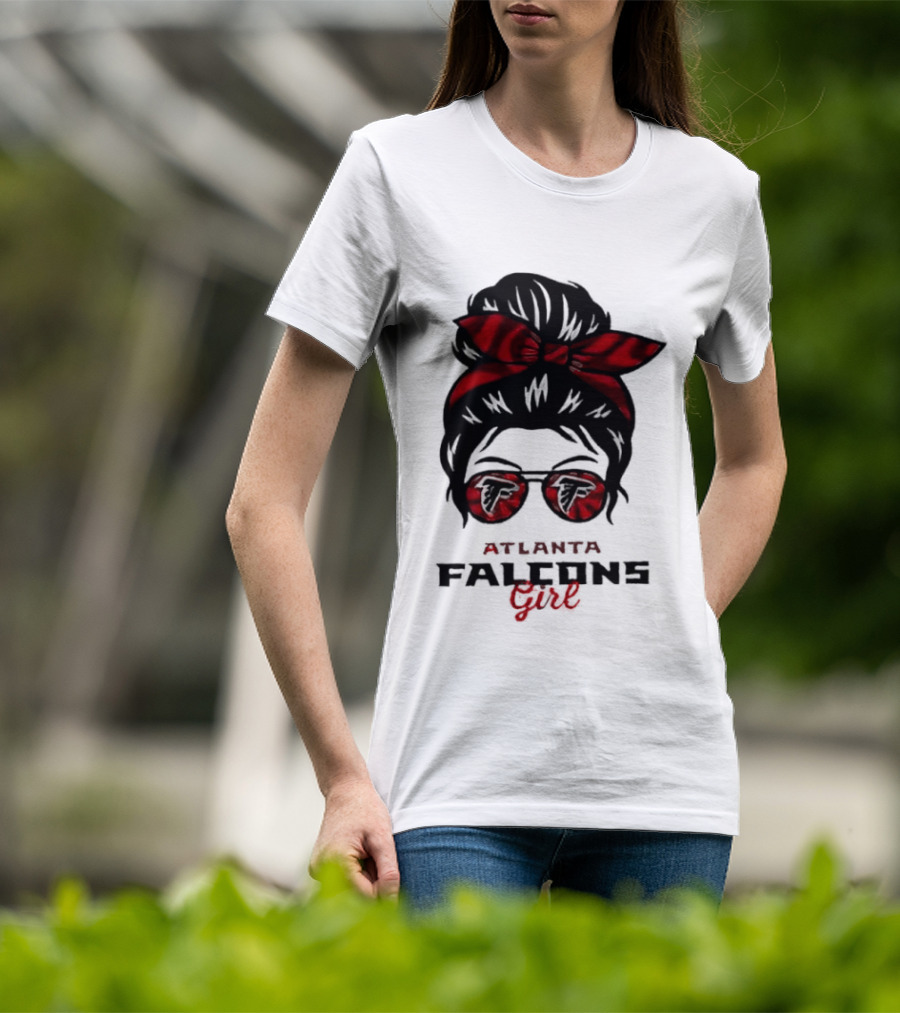 Atlanta Falcons Girl Messy Bun 2026 Bow Sunglasses T-Shirt