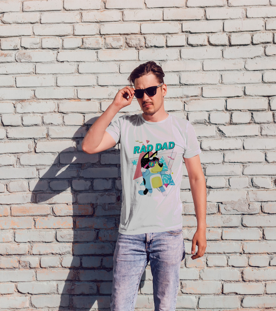 Blue Dog Rad Dad Retro Vibes With Sunglasses And Geometric T-Shirt