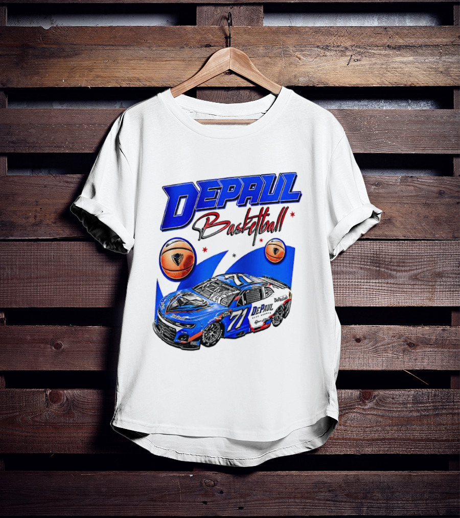 DePaul Basketball NASCAR Collaboration With Blue Race Car And Basketball T-Shirt