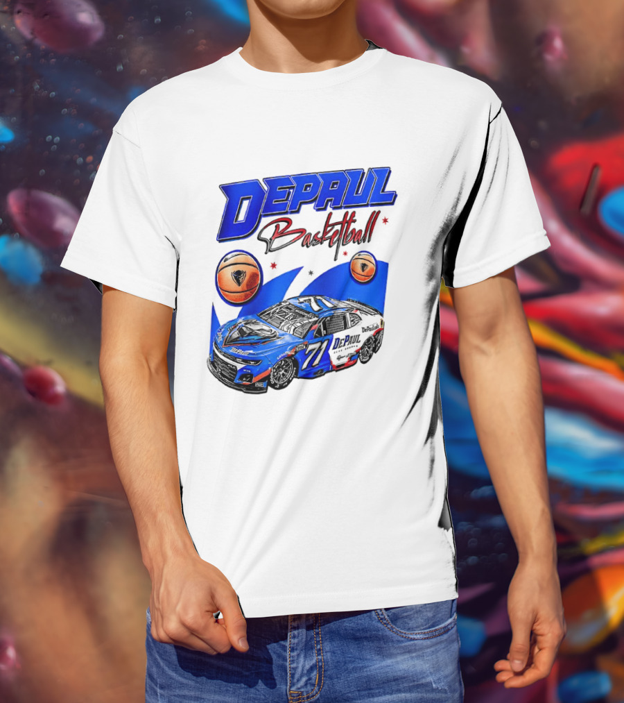 DePaul Basketball NASCAR Collaboration With Blue Race Car And Basketball T-Shirt