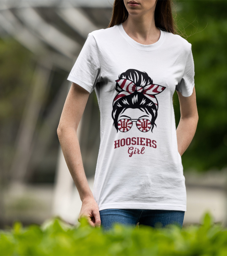 Indiana Hoosiers Girl Messy Bun Sunglasses T-Shirt
