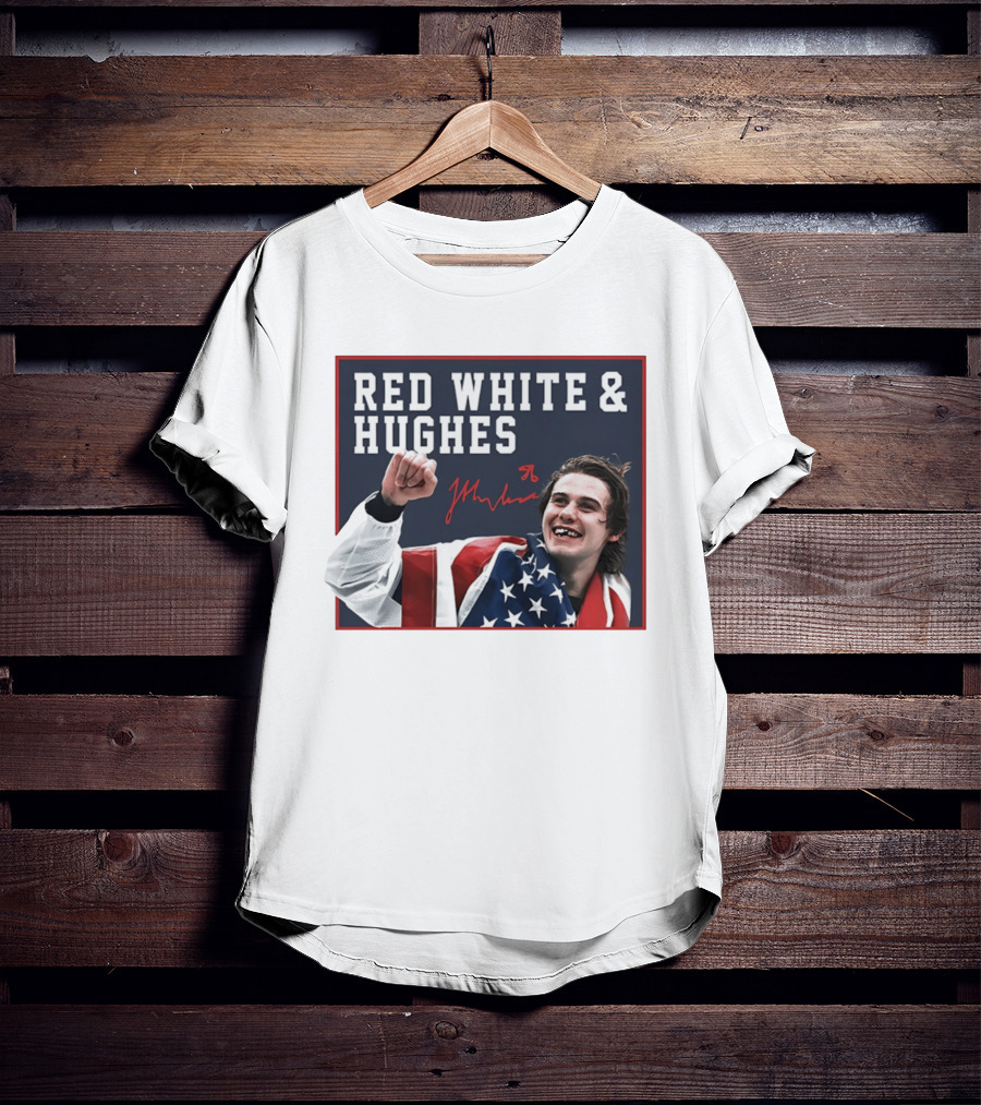Red White & Hughes Jack Hughes USA Hockey 2026 Golden Goal T-Shirt