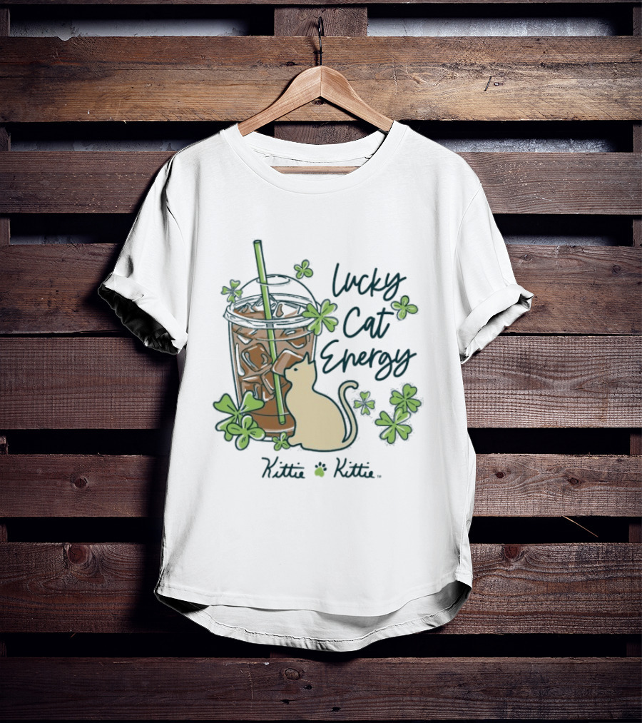 Lucky Cat Energy Kittie Kittie St. Patrick's Day Shamrock Iced Drink T-Shirt