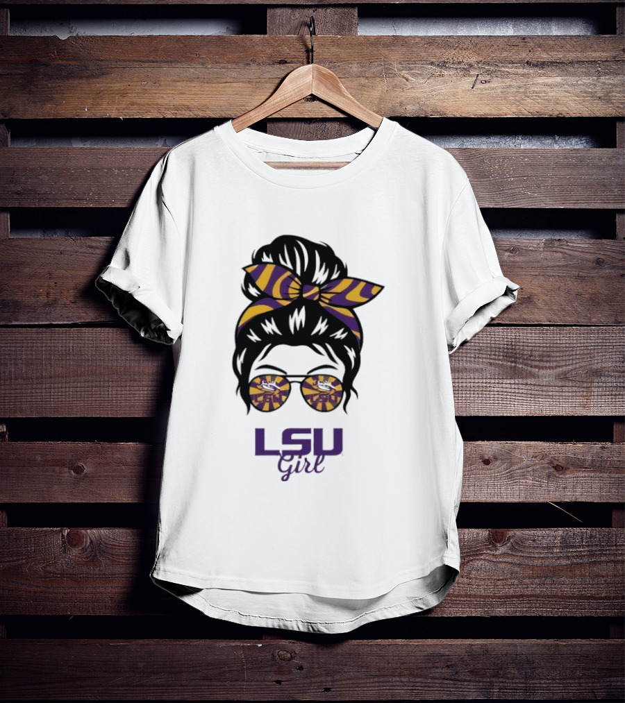 LSU Tigers Girl Purple Yellow Stripes Messy Bun Glasses T-Shirt