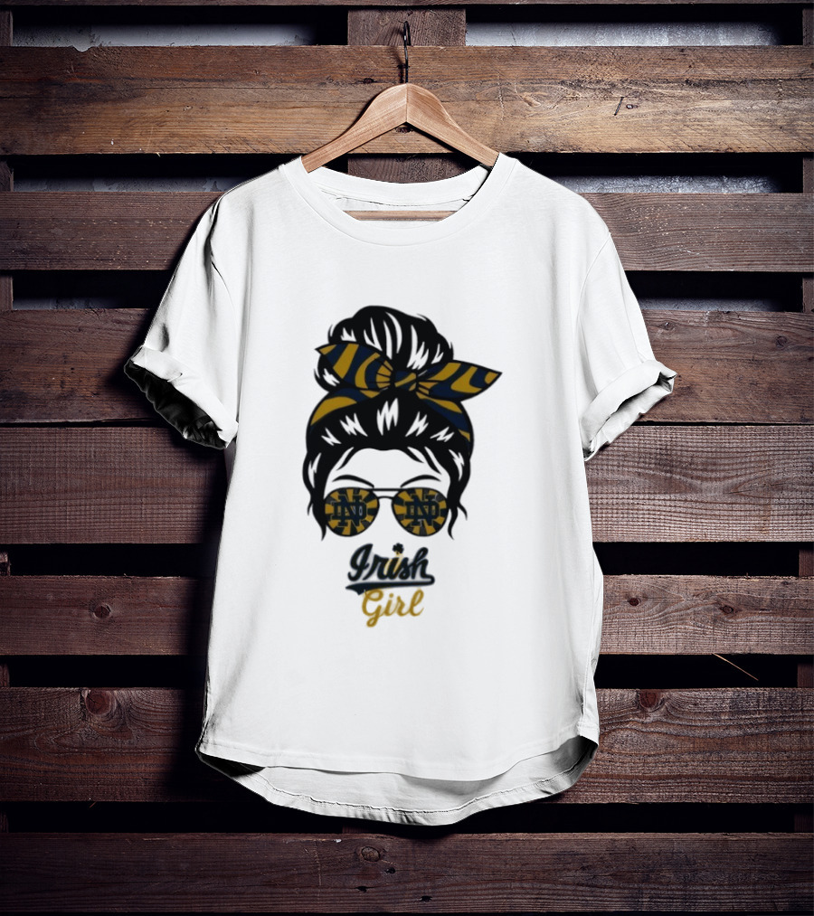 Notre Dame Irish Girl Messy Bun ND Glasses Bow T-Shirt