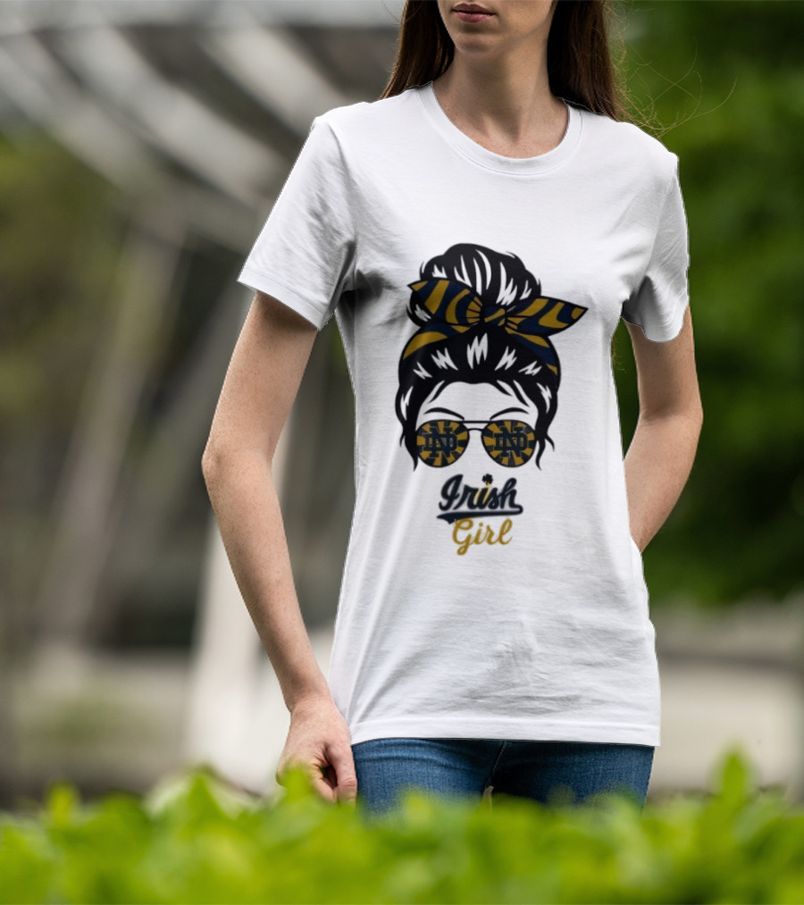 Notre Dame Irish Girl Messy Bun ND Glasses Bow T-Shirt