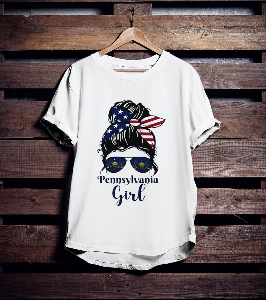 Pennsylvania Girl Messy Bun American Flag Bandana Sunglasses T-Shirt
