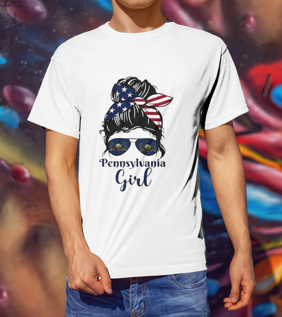 Pennsylvania Girl Messy Bun American Flag Bandana Sunglasses T-Shirt