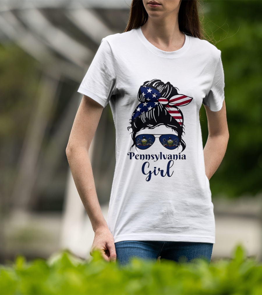 Pennsylvania Girl Messy Bun American Flag Bandana Sunglasses T-Shirt