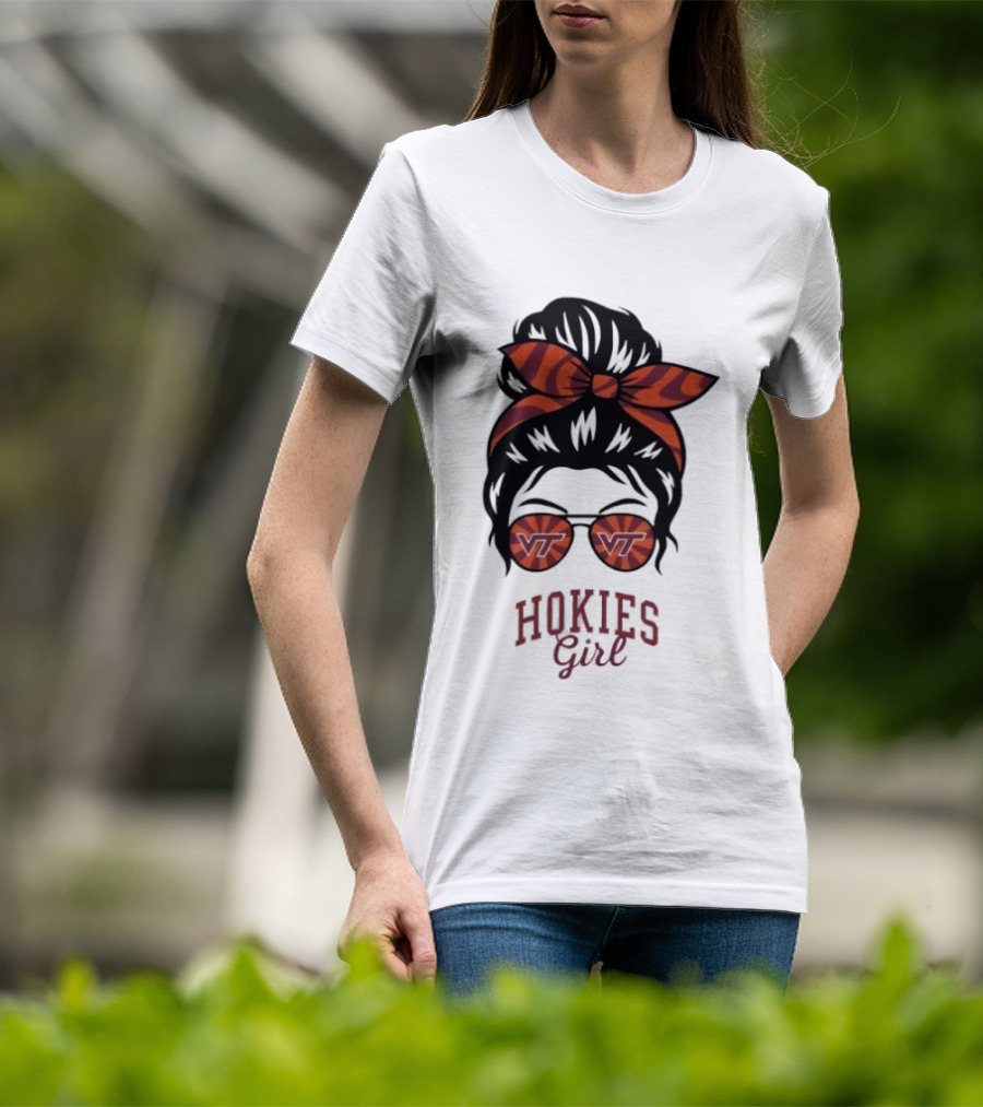 Virginia Tech Hokies Messy Bun Sunglasses Bow T-Shirt