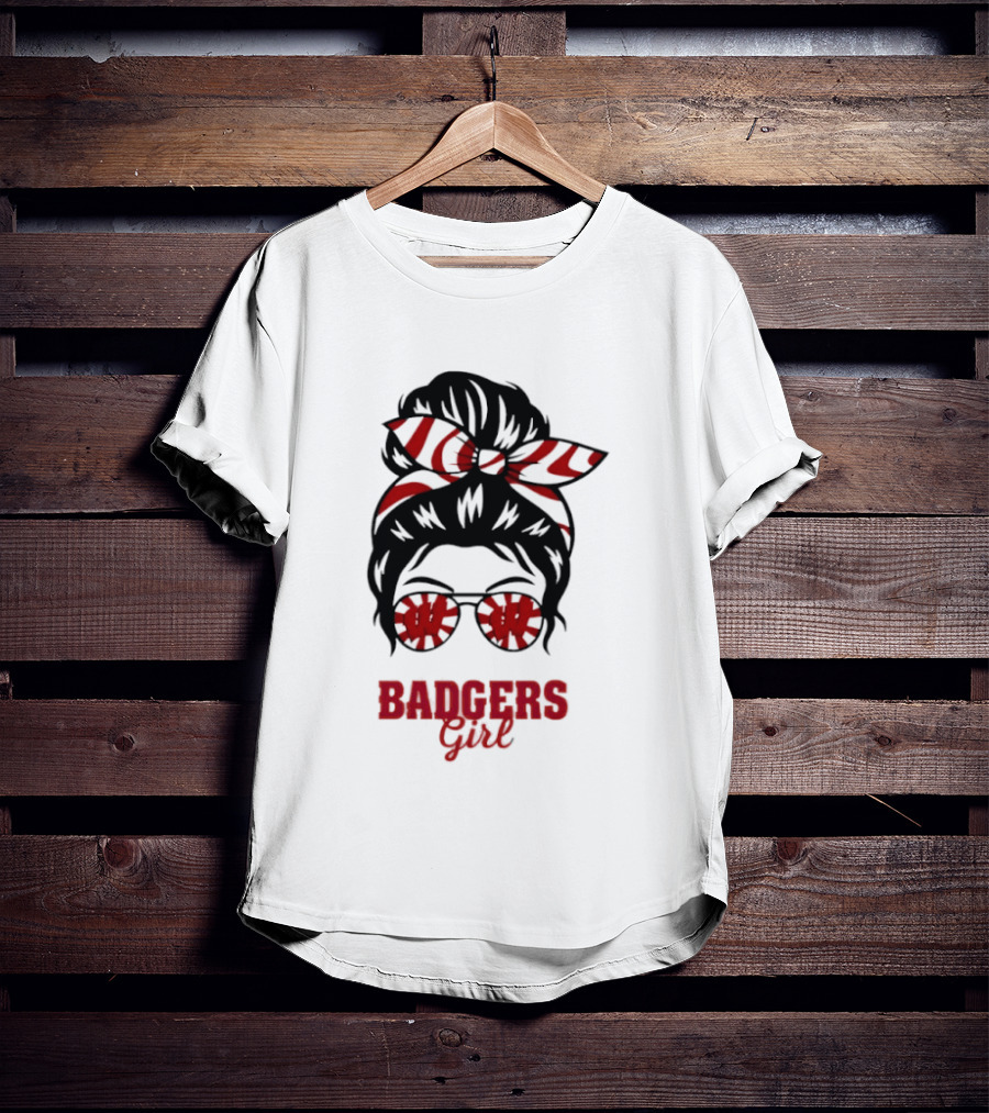 Wisconsin Badgers Girl Messy Bun Glasses Bow T-Shirt