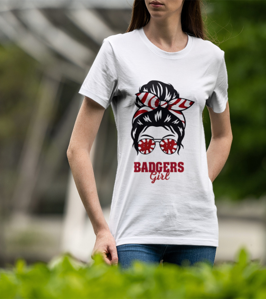 Wisconsin Badgers Girl Messy Bun Glasses Bow T-Shirt