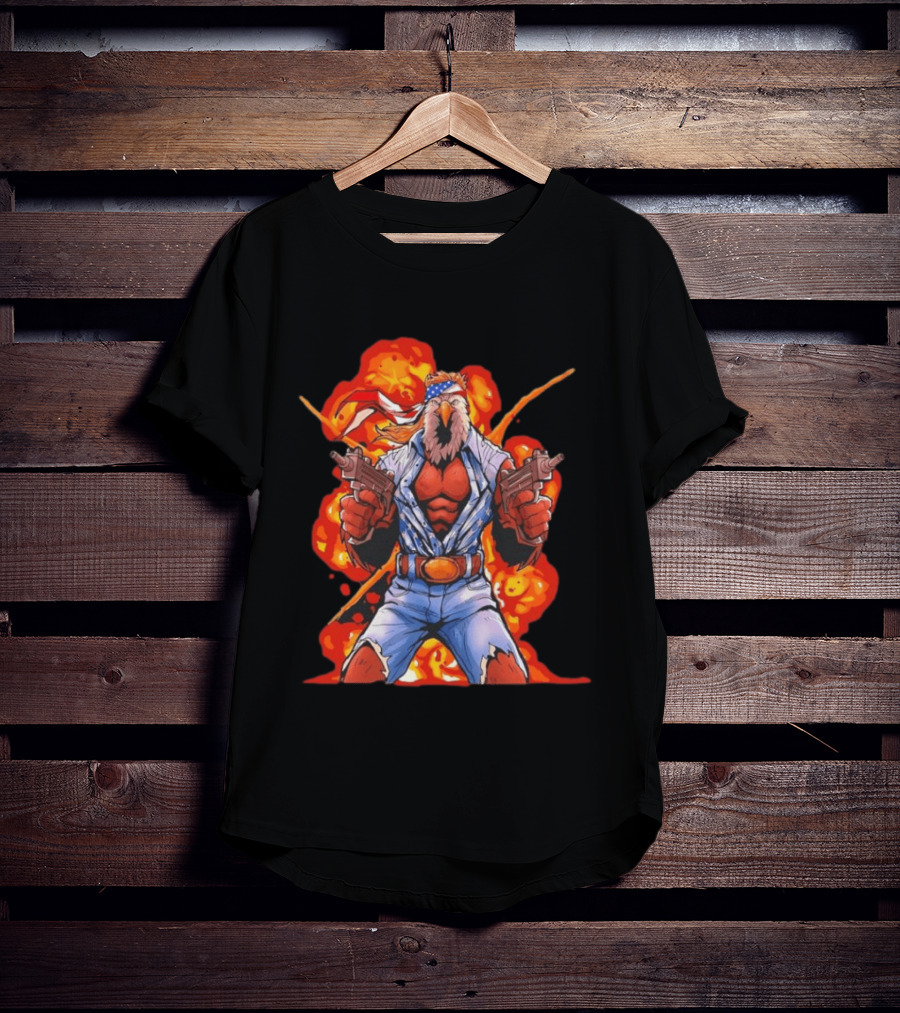 American Bald Eagle Fury Cartoon Bandana Dual Pistols Explosion T-Shirt