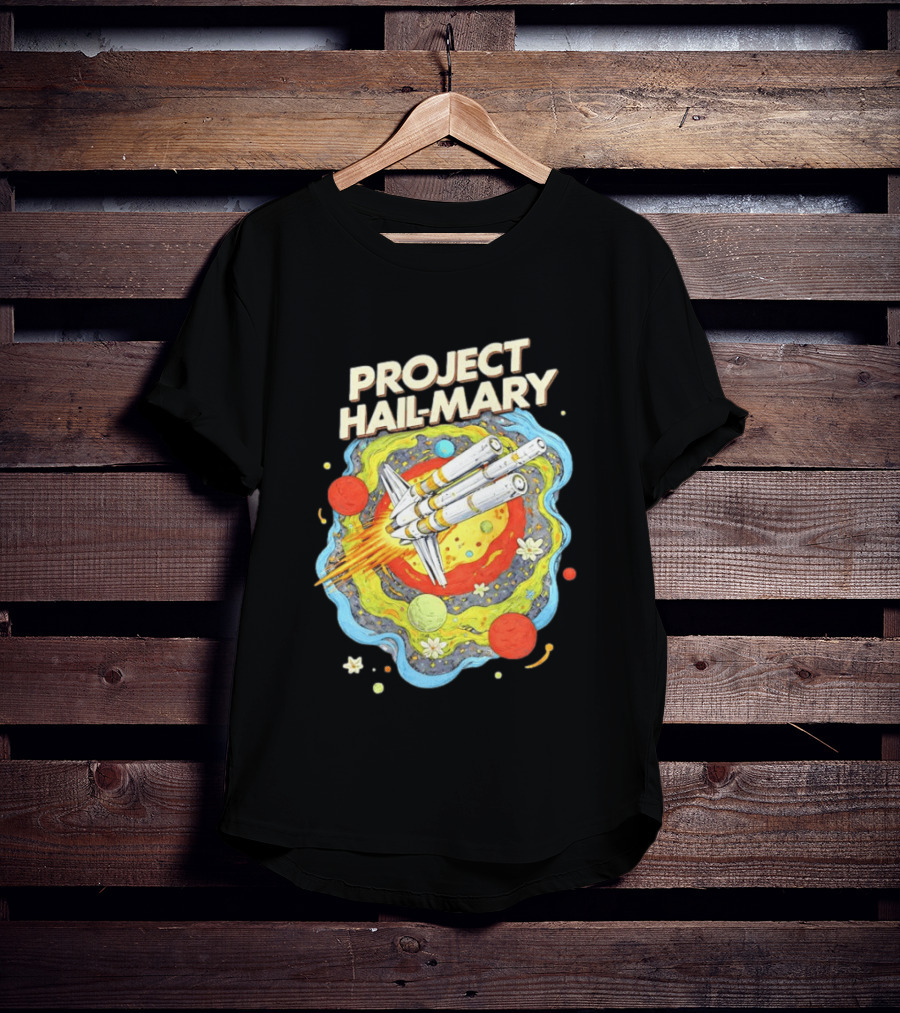 Project Hail Mary Rocket Launching Through Colorful Space Planets T-Shirt