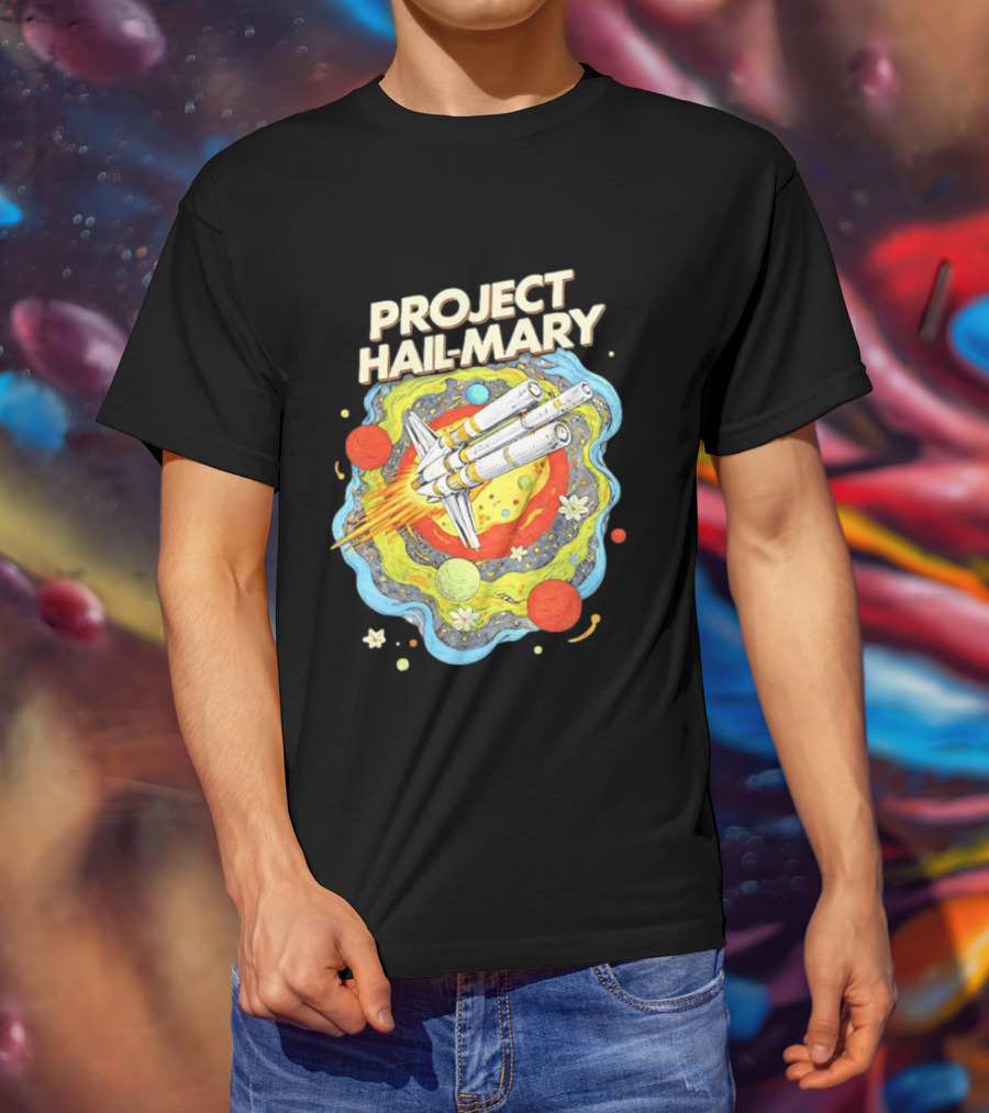 Project Hail Mary Rocket Launching Through Colorful Space Planets T-Shirt