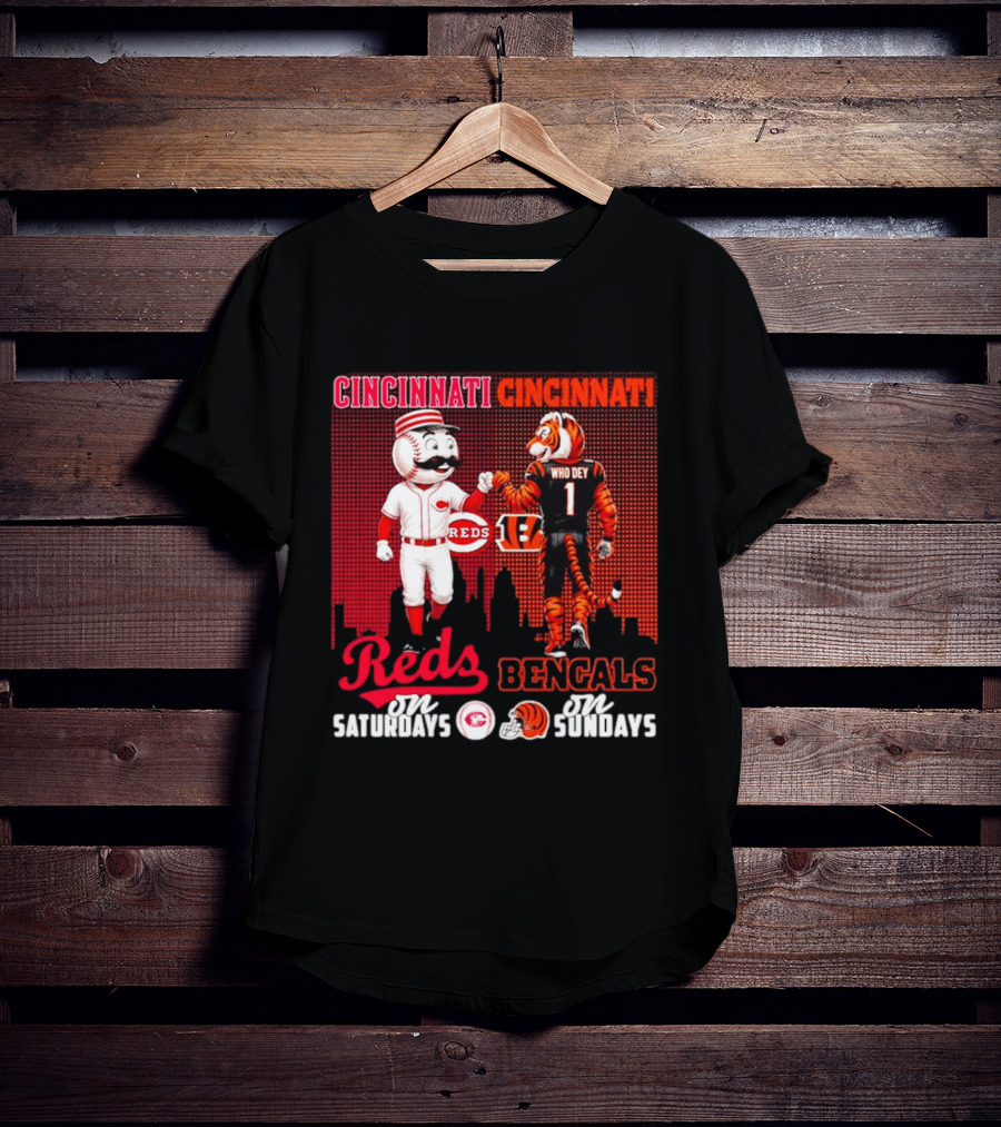 Cincinnati Reds Saturdays Vs Bengals Sundays City Mascots Skyline T-Shirt