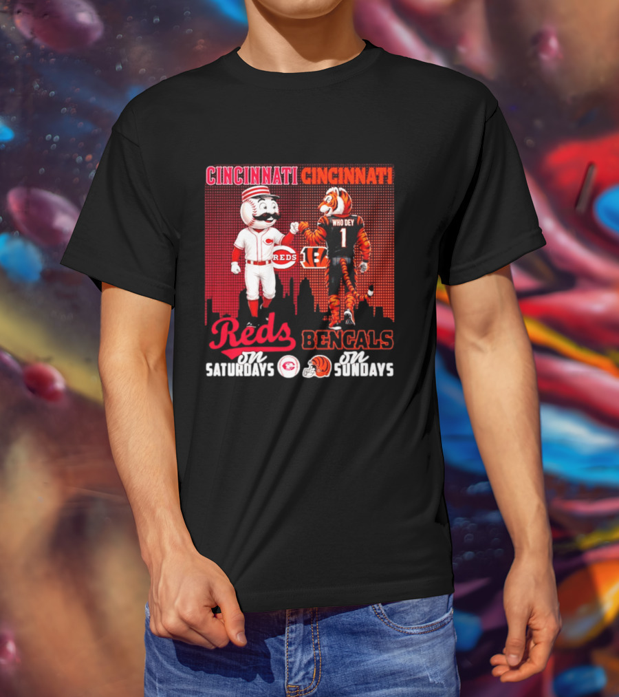 Cincinnati Reds Saturdays Vs Bengals Sundays City Mascots Skyline T-Shirt