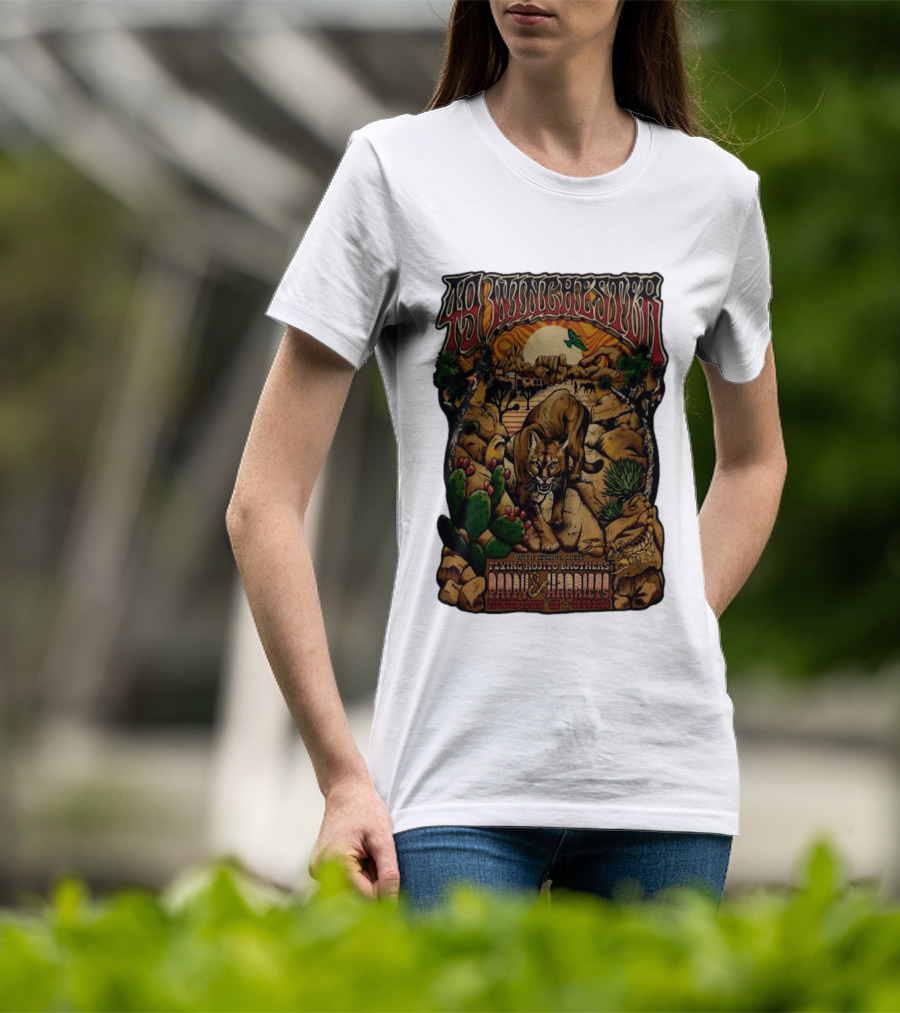 49 Winchester Pioneertown May 9 2026 Flying Mojito Brothers Pap Yu Harlins Cat Desert Scene T-Shirt
