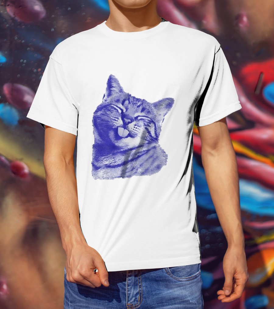 Playful Cat Sticking Out Tongue In Blue Tint T-Shirt