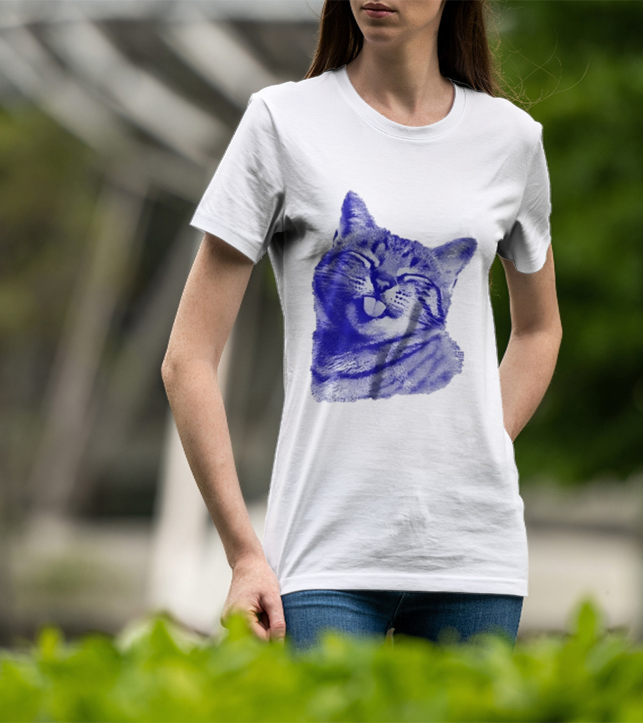 Playful Cat Sticking Out Tongue In Blue Tint T-Shirt