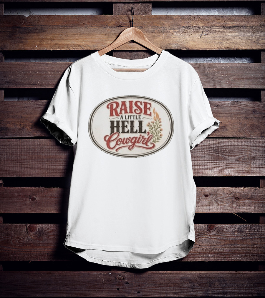 Raise A Little Hell Cowgirl Western Style Vintage Look T-Shirt