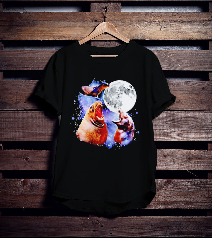 Sea Lion Trio Howling At The Moon In Outer Space Scene T-Shirt