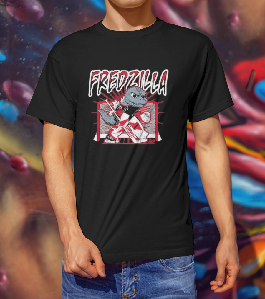 FredZilla Hockey Goalie Monster Art With Equipment And Net T-Shirt
