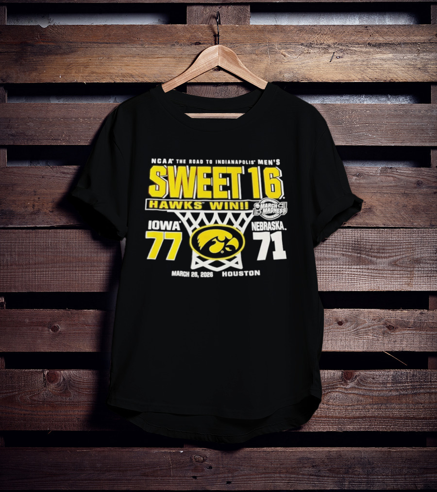 NCAA March Madness The Road To Indianapolis Men's Sweet 16 Hawks Win Iowa 77 Nebraska 71 March 25 1989 Houston T-Shirt