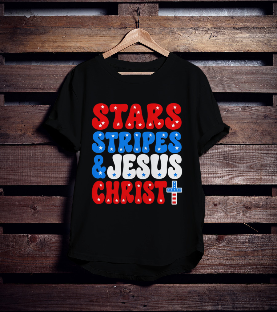 Patriotic Stars Stripes Jesus Christ Christian Faith Cross T-Shirt