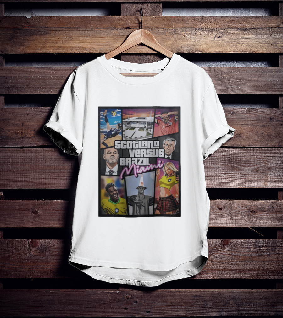 Scotland Versus Brazil Miami Comic Style Soccer Matchup T-Shirt