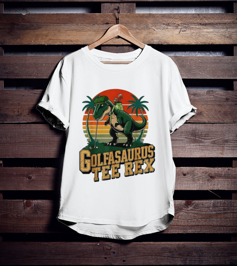 Golfasaurus Rex Rex Dinosaur Playing Golf Sunset Palm Trees T-Shirt