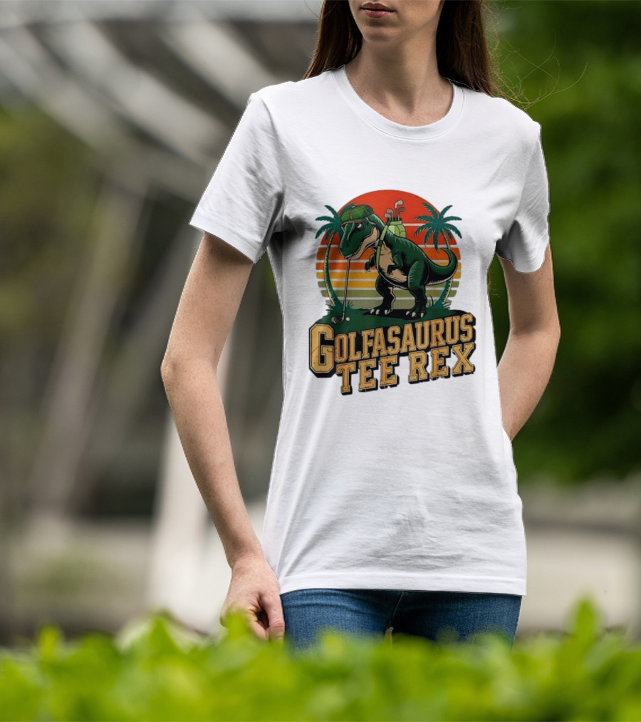 Golfasaurus Rex Rex Dinosaur Playing Golf Sunset Palm Trees T-Shirt